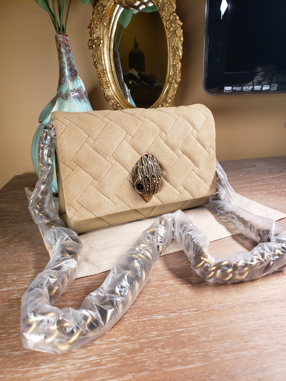 Kurt Geiger Tan Quilted Crossbody Bag w/ Brass Crystal Embellished Eagle NWT!